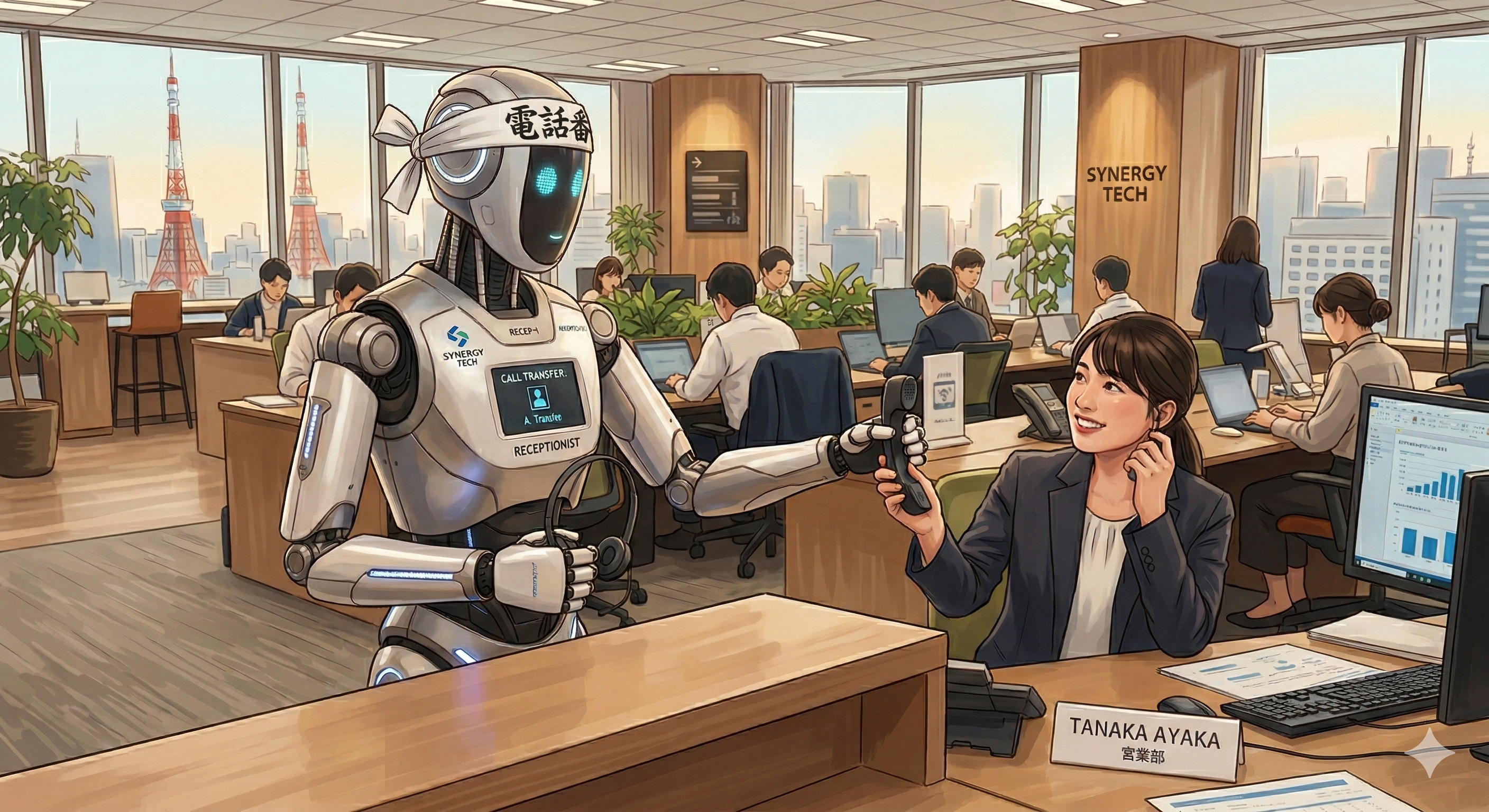 AIロボットがオフィスで電話対応するイメージ